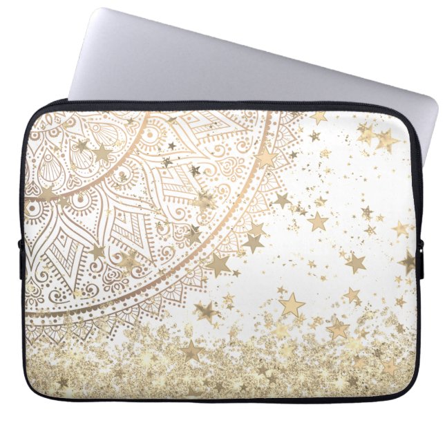 Gold Lotus Mandala with Gold Stars on White  Laptop Sleeve (Front)
