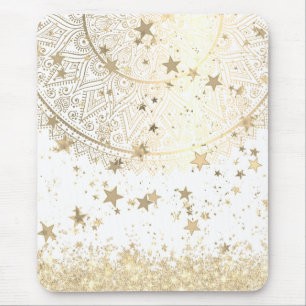 Gold Lotus Mandala with Gold Stars on White Mouse Mat