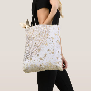 Gold Lotus Mandala with Gold Stars on White Tote Bag