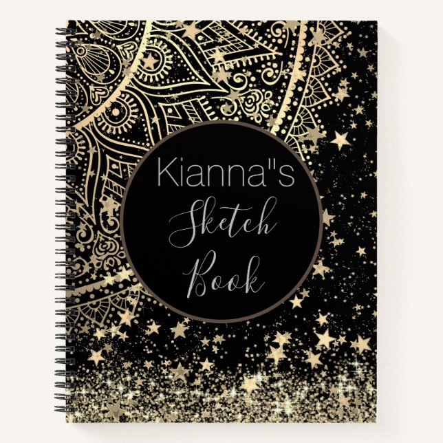 Gold Lotus Mandala with Gold Stars Sketch Book (Front)