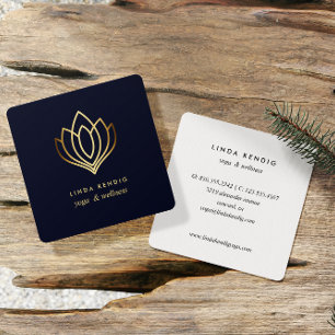 Gold lotus Navy Blue wellness spa massage yoga Square Business Card