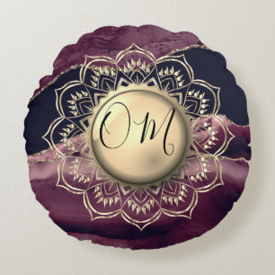 Gold Lotus OM Mandala Purple Agate Round Cushion