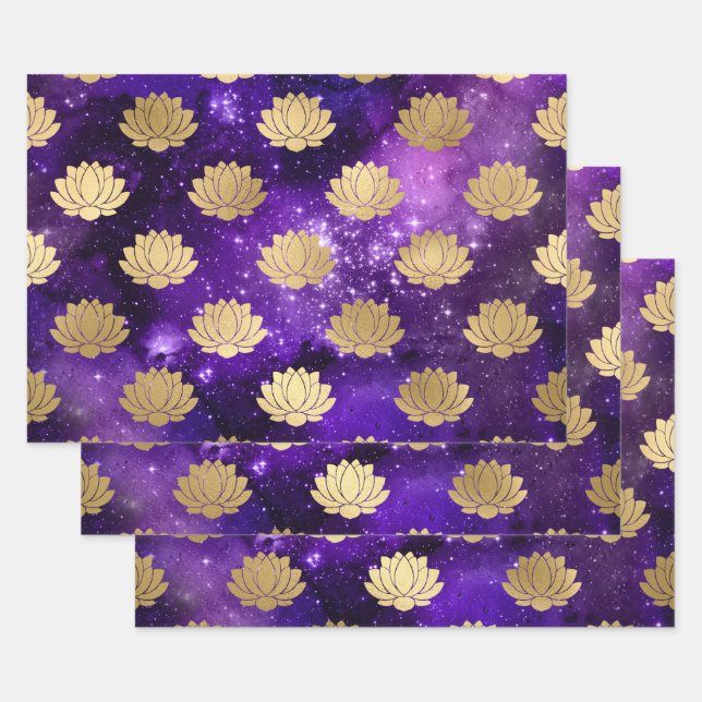 Gold Lotus on Purple Galaxy Wrapping Paper Sheet (Set)