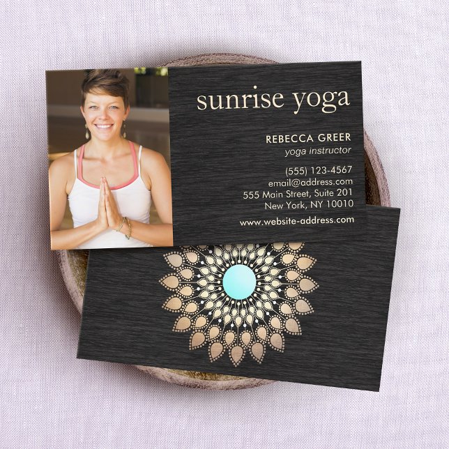 Gold Lotus on Wood Yoga Teacher Photo Business Card (Creator Uploaded)