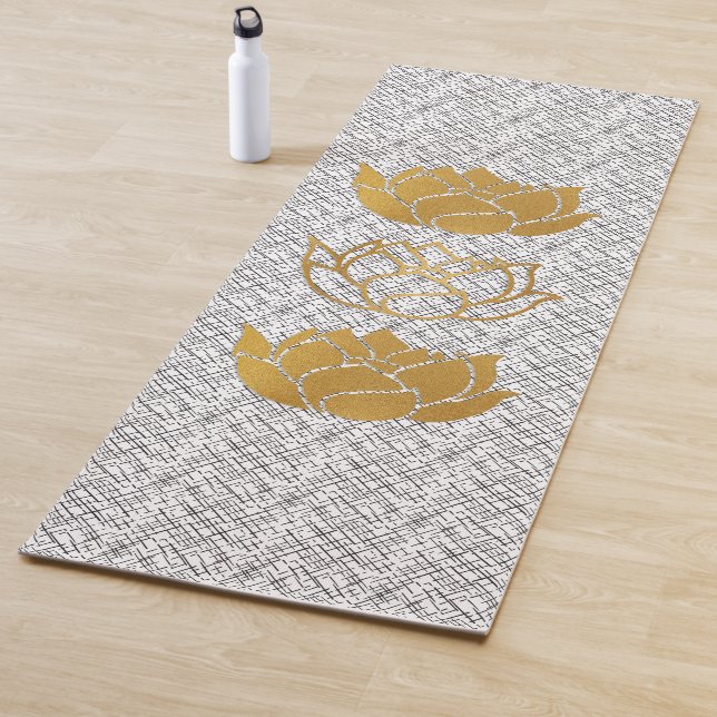 Gold Lotus Silhouettes on Black & White Pattern Yoga Mat (In Situ)