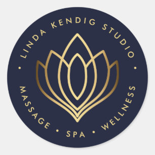 Gold lotus yoga symbol Blue wellness massage spa Classic Round Sticker
