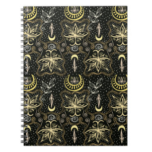 Gold lotuses seamless crescent pattern. Golden col Notebook