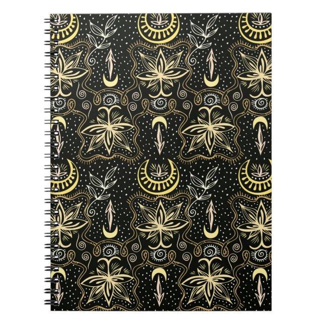Gold lotuses seamless crescent pattern. Golden col Notebook (Front)