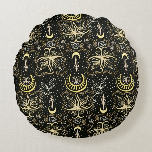 Gold lotuses seamless crescent pattern. Golden col Round Cushion (Front)