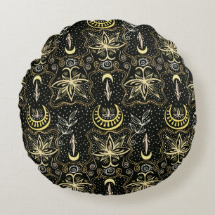 Gold lotuses seamless crescent pattern. Golden Pas Round Cushion