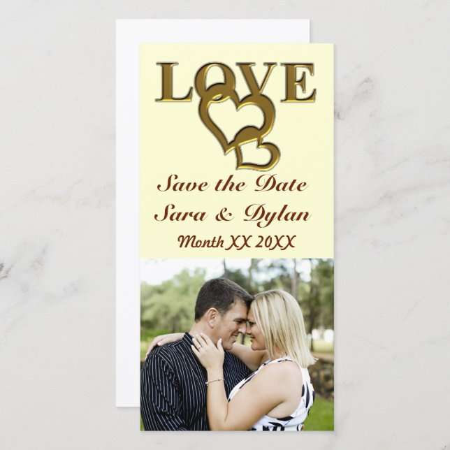 Gold Love and Hearts Save the Date Photocard (Front/Back)