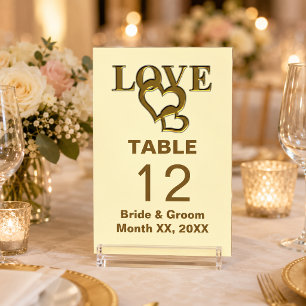 Gold Love and Hearts Wedding Individual Table Number