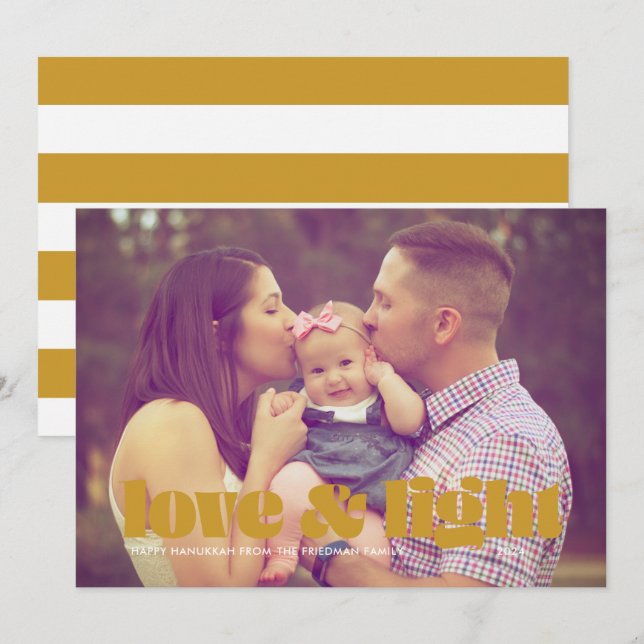 Gold Love and Light Single Photo Hanukkah Card (Front/Back)