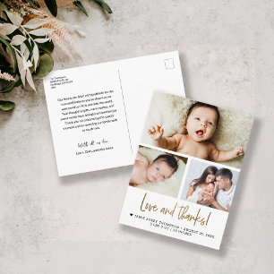 Gold Love and Thanks Baby Photo Birth announcement Postcard