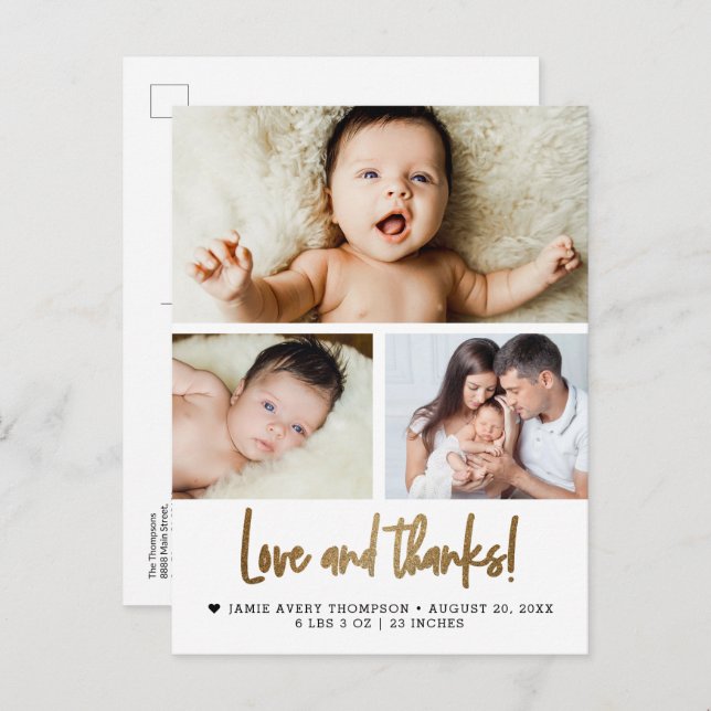 Gold Love and Thanks Baby Photo Birth announcement Postcard (Front/Back)