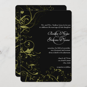 Gold Love Birds & Swirls Wedding Invitation