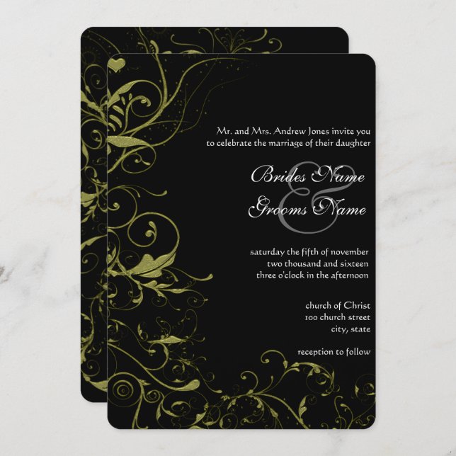 Gold Love Birds & Swirls Wedding  Invitation (Front/Back)