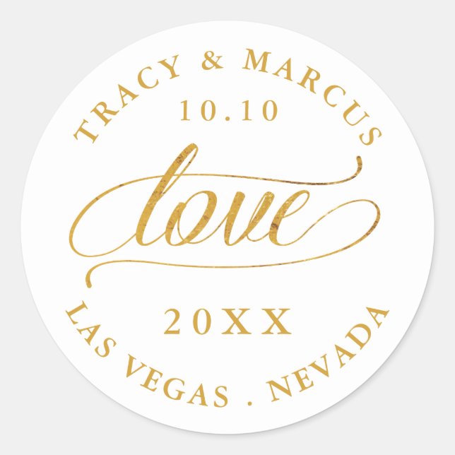 Gold Love Calligraphy Wedding Classic Round Sticker (Front)