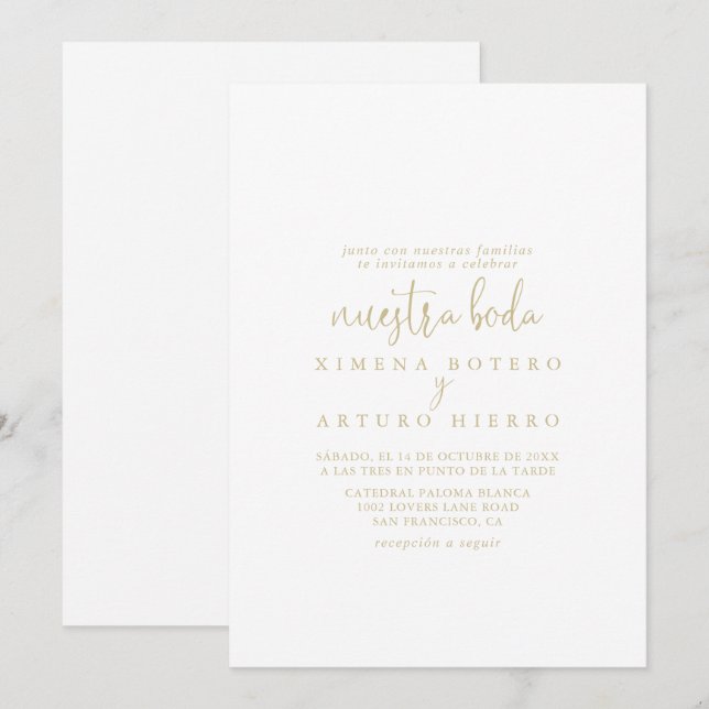 Gold Love Fancy Script Nuestra Boda Wedding Invitation (Front/Back)