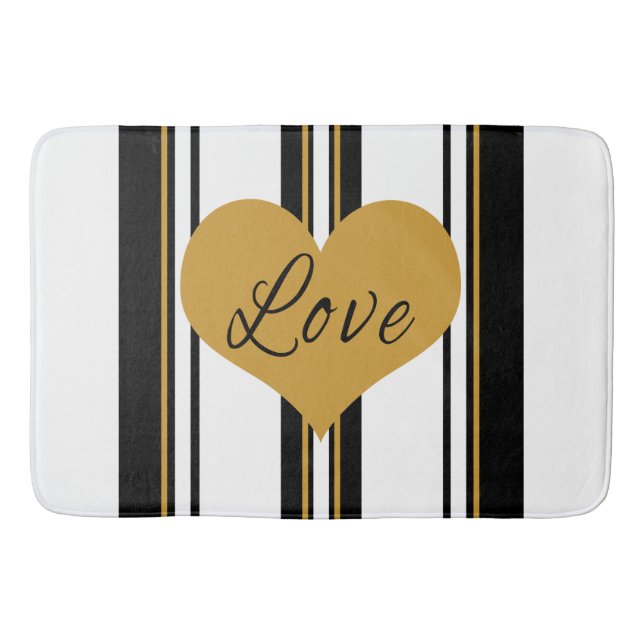 Gold Love Heart Black Gold White Stripes Bath Mat (Front)