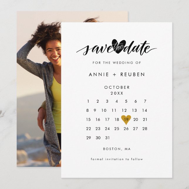 Gold Love Heart Calendar Photo Save The Date (Front/Back)