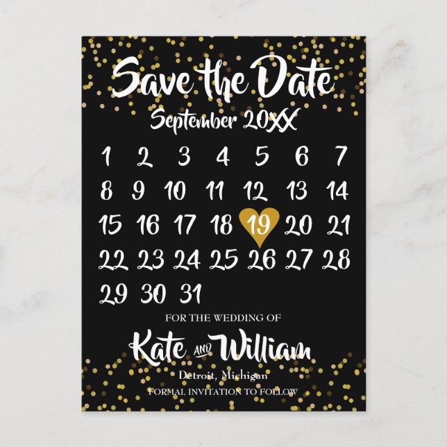 Gold Love Heart Calendar Save the Date Announcement Postcard (Front)