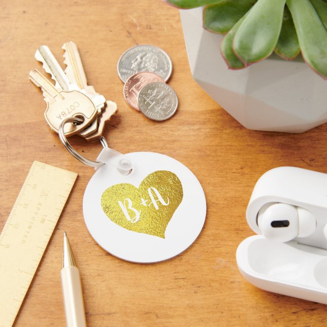 Gold Love Heart with Bride & Groom Initials Key Ring (Desk)