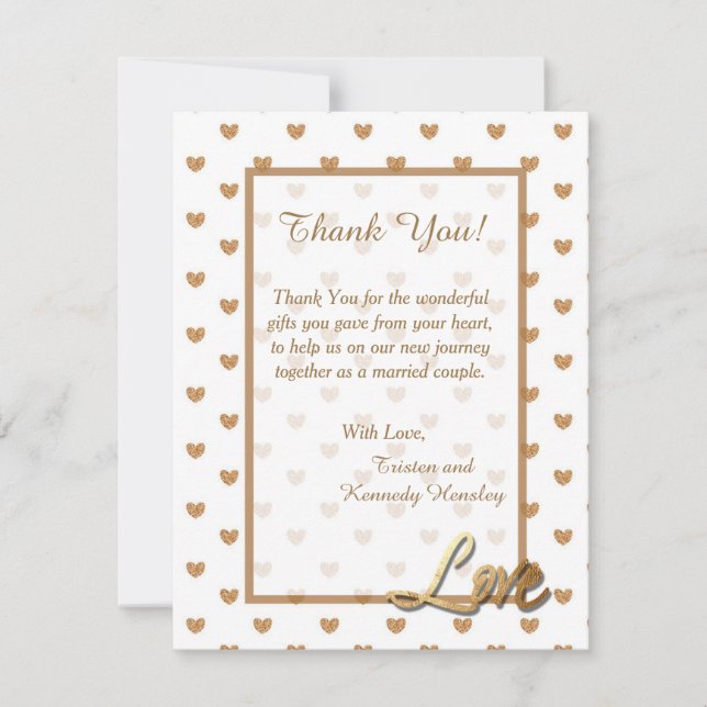 Gold Love Hearts 4x5 Flat Wedding Thank You Card (Front)