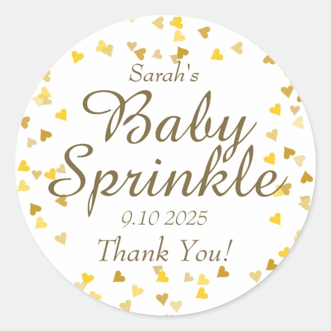Gold Love Hearts Baby Sprinkle / Shower / Couples Classic Round Sticker (Front)