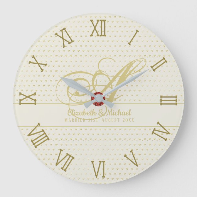 Gold Love Hearts Monogram Wedding Gift Newlyweds Large Clock (Front)
