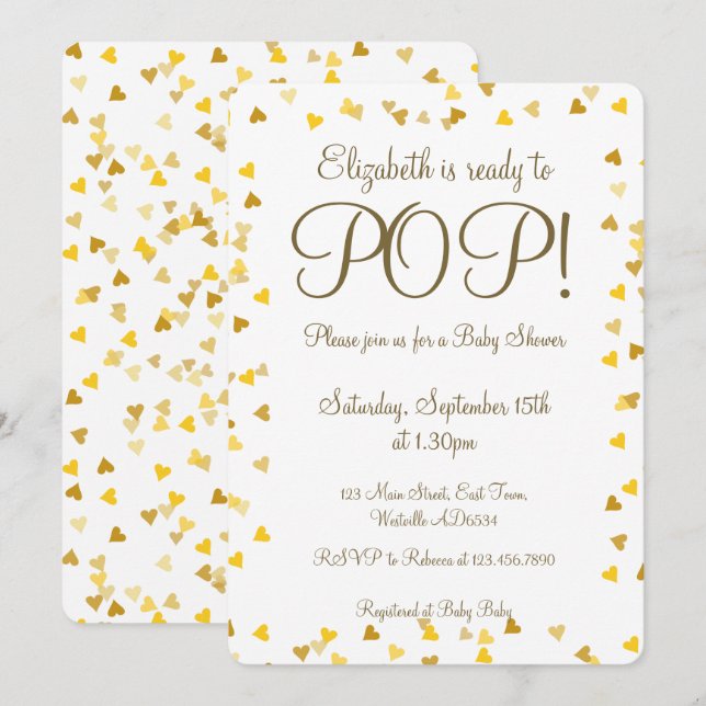 Gold Love Hearts Ready to Pop Baby Shower/Sprinkle Invitation (Front/Back)