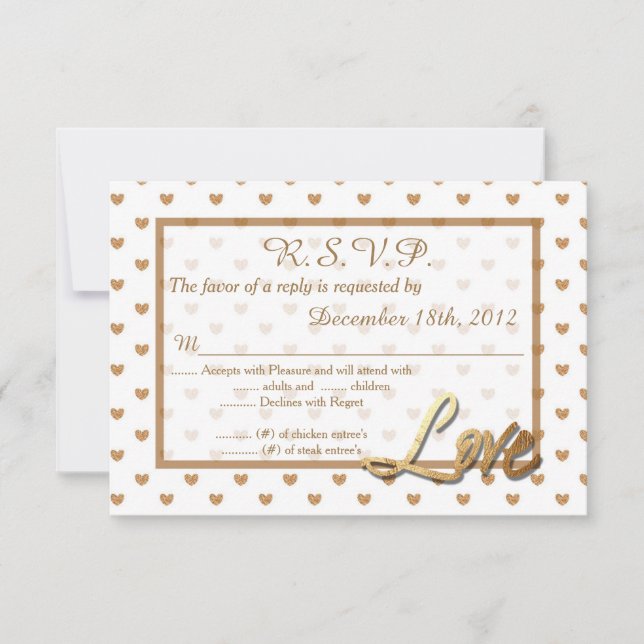 Gold Love Hearts Wedding 3.5x5 R.S.V.P. Reply Card (Front)