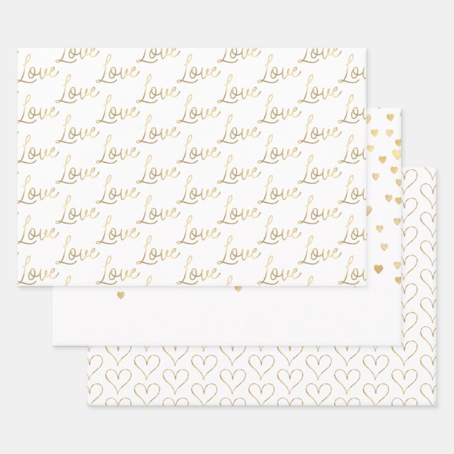 Gold Love Hearts Wrapping Paper Sheet (Set)