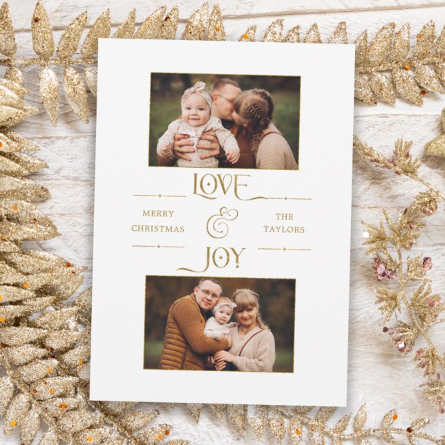 Gold Love & Joy Typography 2-Photo  Holiday Card (Creator Uploaded)