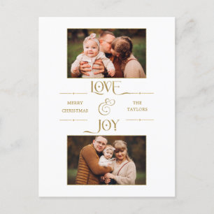 Gold Love & Joy Typography 2-Photo  Holiday Postcard