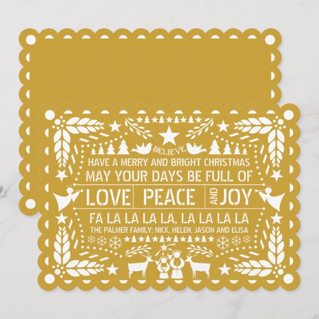 Gold Love Peace Joy papel picado Christmas Holiday Card (Front/Back)