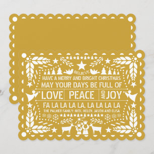 Gold Love Peace Joy papel picado Christmas Holiday Card