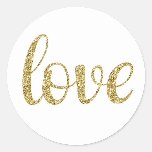 Gold love stickers, glitter font, round classic round sticker (Front)