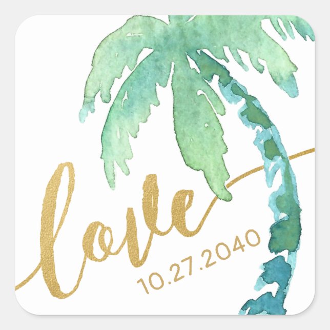 Gold Love Watercolor Palm Tree Beach Wedding Square Sticker (Front)