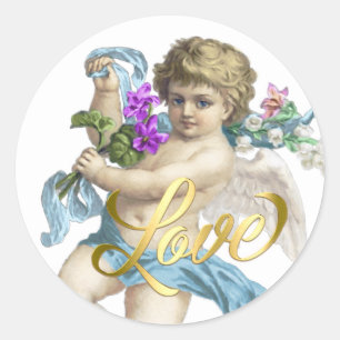 Gold Love with Cherub Rose Blue Classic Round Sticker