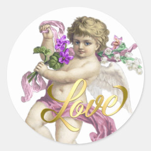 Gold Love with Cherub Rose Pink Classic Round Sticker