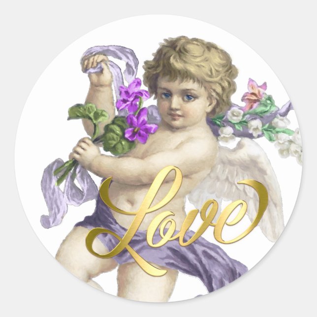 Gold Love with Cherub Rose Purple Classic Round Sticker (Front)