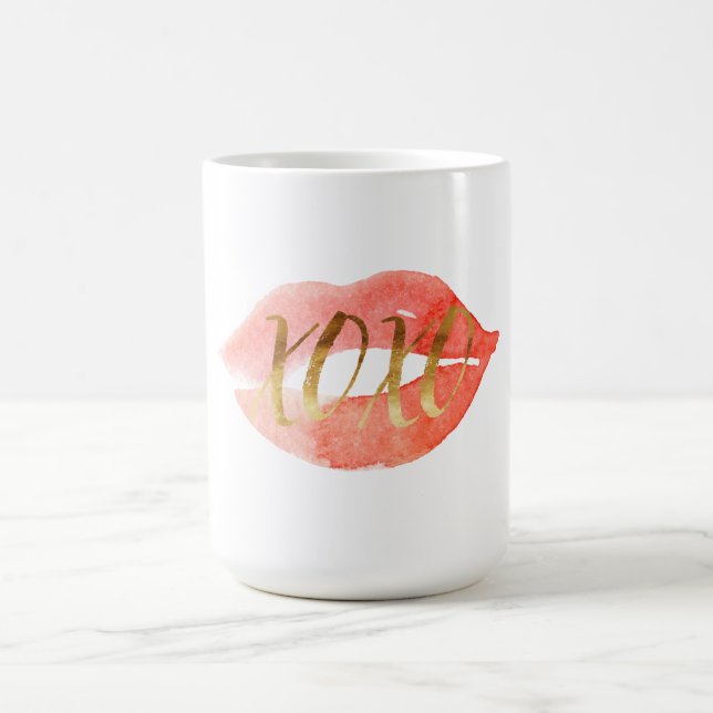 Gold Love XOXO Watercolor Lips Coffee Mug (Center)