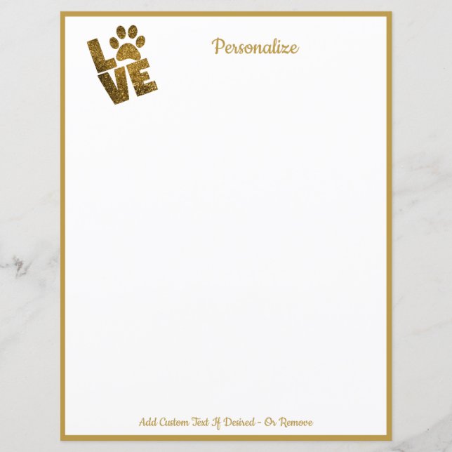 Gold Love your Pet Paw Print Writing Paper (Front)