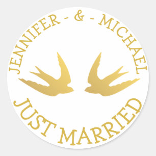 Gold Lovebirds Just Married Wedding Love Doves Classic Round Sticker