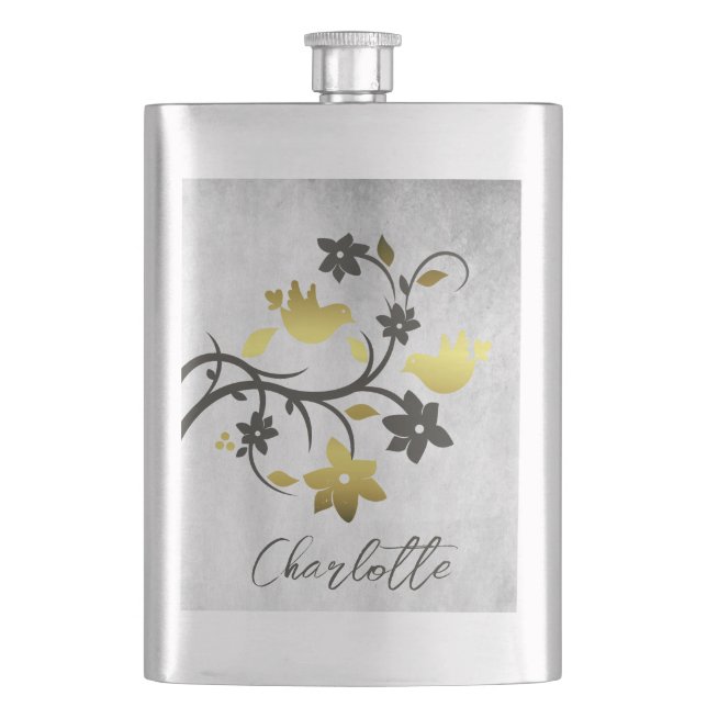 Gold Lovebirds Personalised Flask (Front)