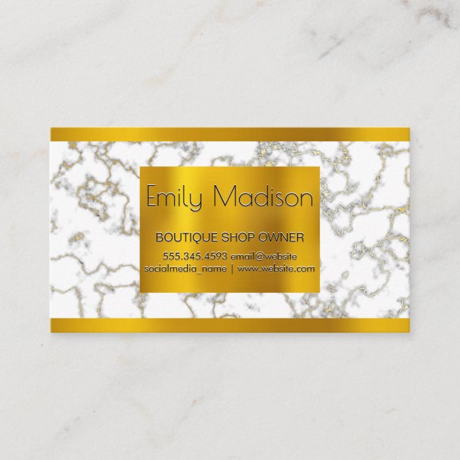 Gold Lux Metal Trim | White Marble Gold Texture Business Card (Front)