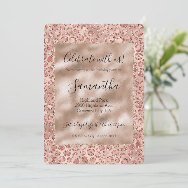 Gold Luxe Blush Pink Glitter Leopard Print Invitation (Standing Front)