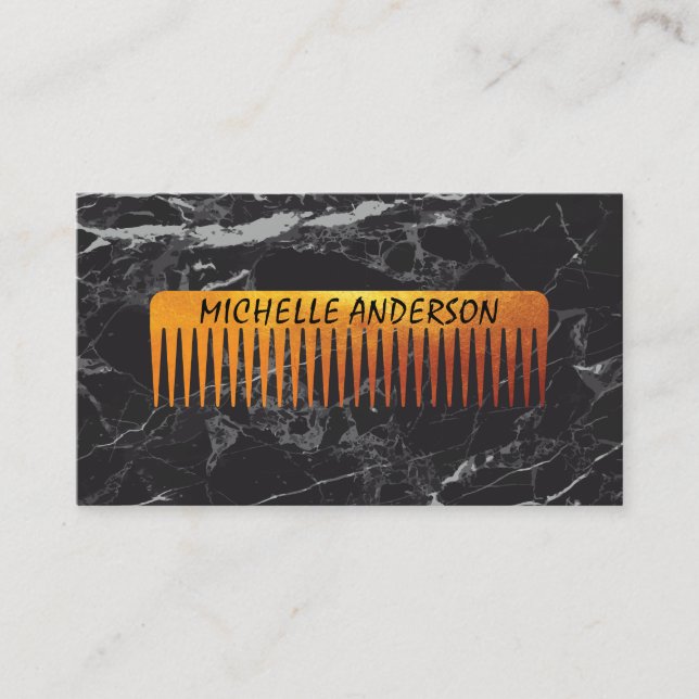 Gold Luxe Comb Hair Stylist | Black Marble Business Card (Front)