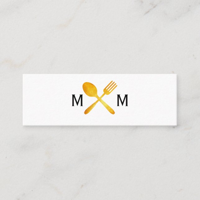 Gold Luxe Food Utensils Monogram Mini Business Card (Front)